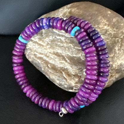 Purple Stone Turquoise 8mm Wire Bead Bracelet Navajo Sterling Silver 15241