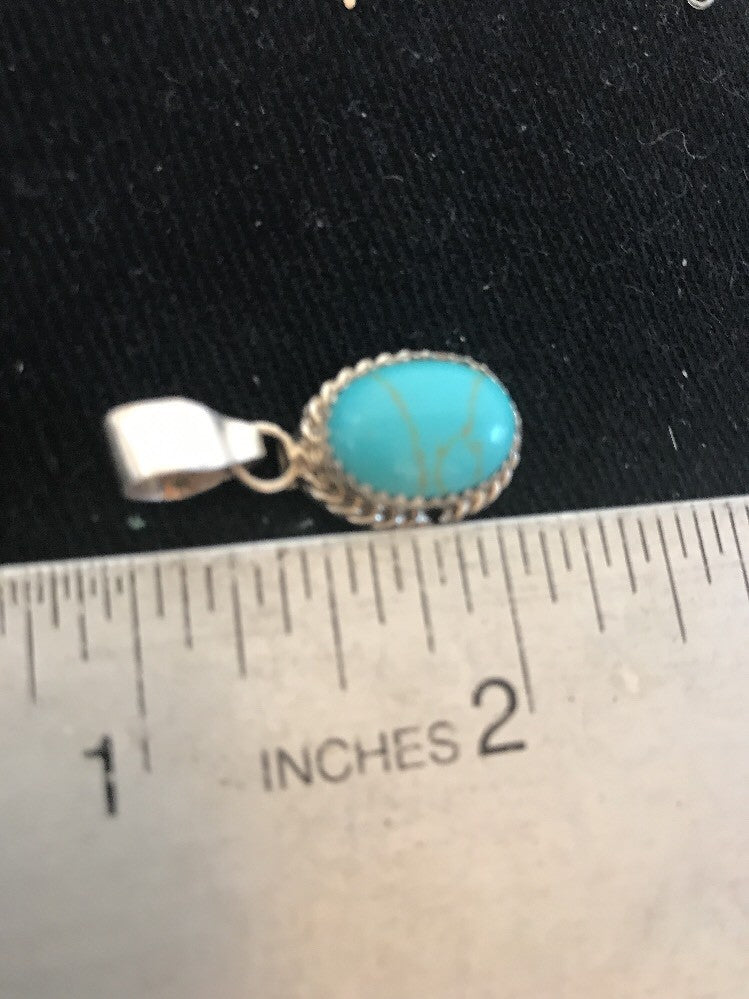 Blue Turquoise Navajo Sterling Silver Native American Pendant 1" 03162