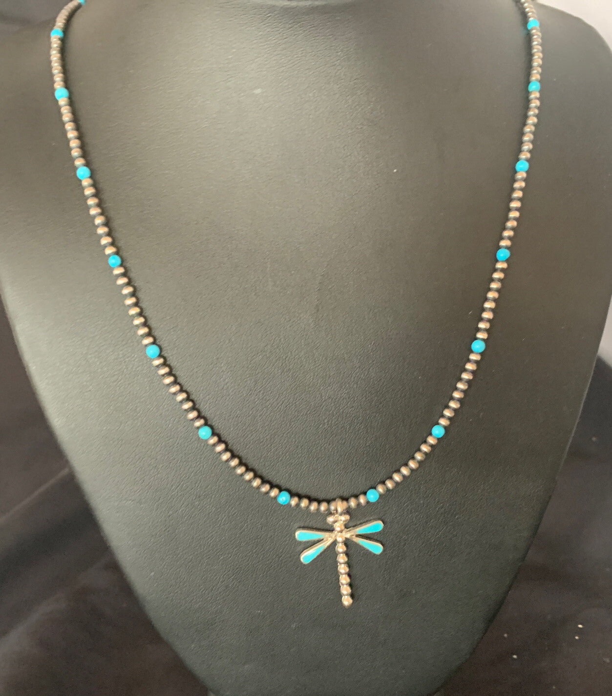 Blue Turquoise Dragonfly Pendant Zuni Sterling Silver Necklace 12058