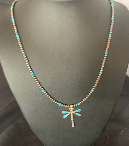 Blue Turquoise Dragonfly Pendant Zuni Sterling Silver Necklace 12058