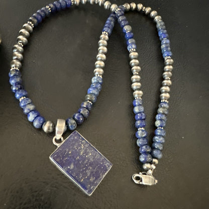 Blue Lapis Pendant Navajo Pearls Sterling Silver Necklace 20” 18688