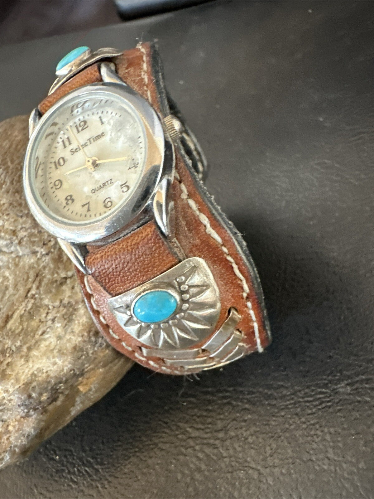 Womens Blue Turquoise Navajo Sterling Silver Cuff Watch Leather Bracelet 17736
