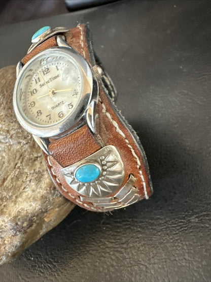 Womens Blue Turquoise Navajo Sterling Silver Cuff Watch Leather Bracelet 17736