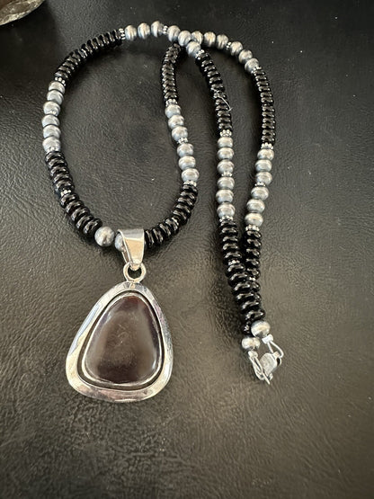 Mens Womens Black Stone Pendant Onyx Sterling Silver Beads Necklace 18334