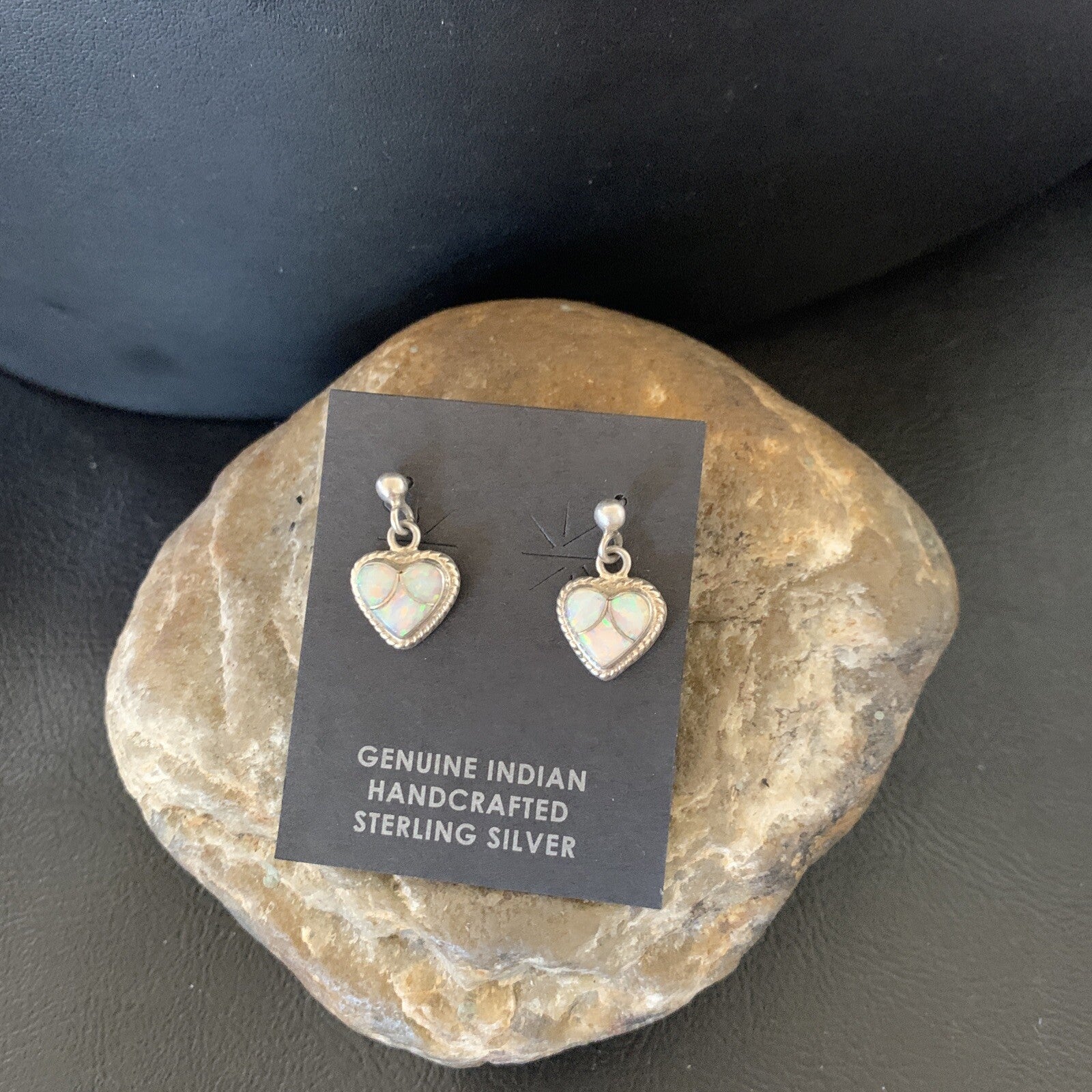 Womens White Opal Inlay Navajo Sterling Silver Dangle Post Earrings 0.5" 12761