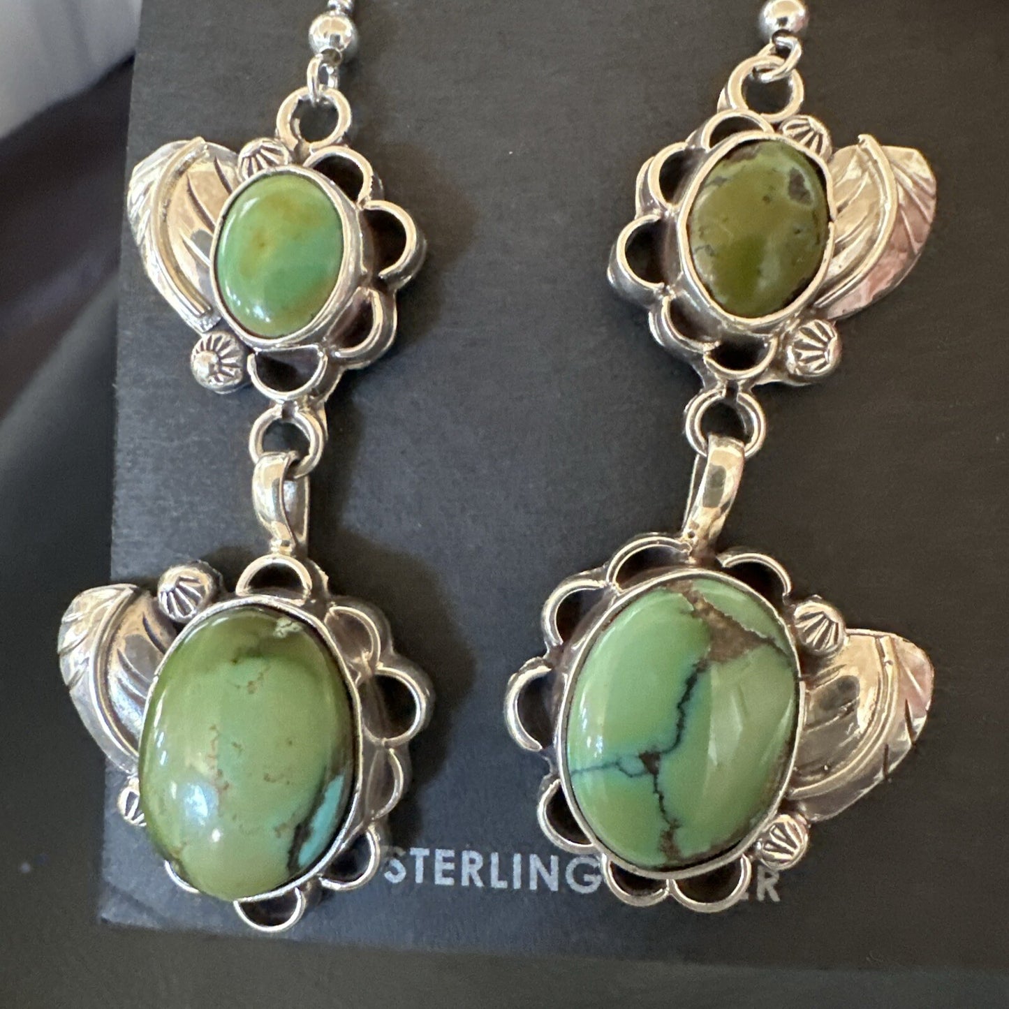 Native Navajo Green Turquoise Sterling Silver Dangle Earrings 2” 17693