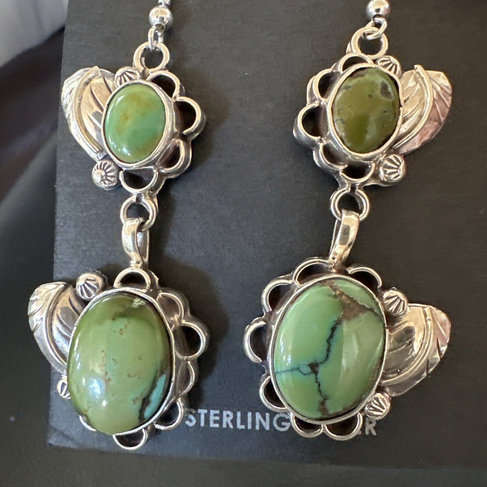 Native Navajo Green Turquoise Sterling Silver Dangle Earrings 2” 17693