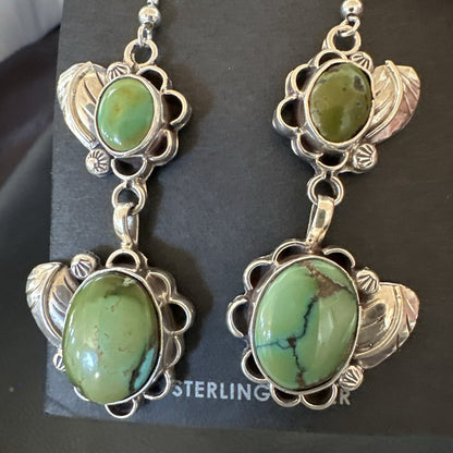 Native Navajo Green Turquoise Sterling Silver Dangle Earrings 2” 17693