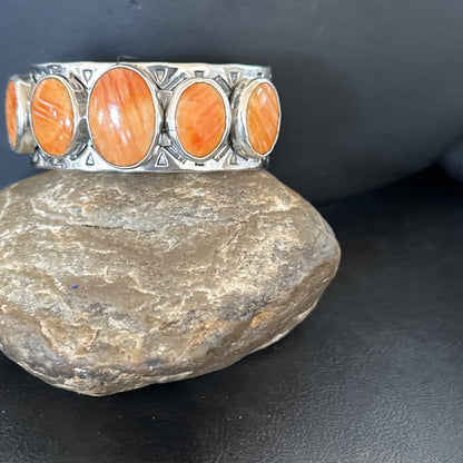 Stamped Orange Spiny Oyster Navajo Sterling Silver 5 Stone Cuff Bracelet 17941