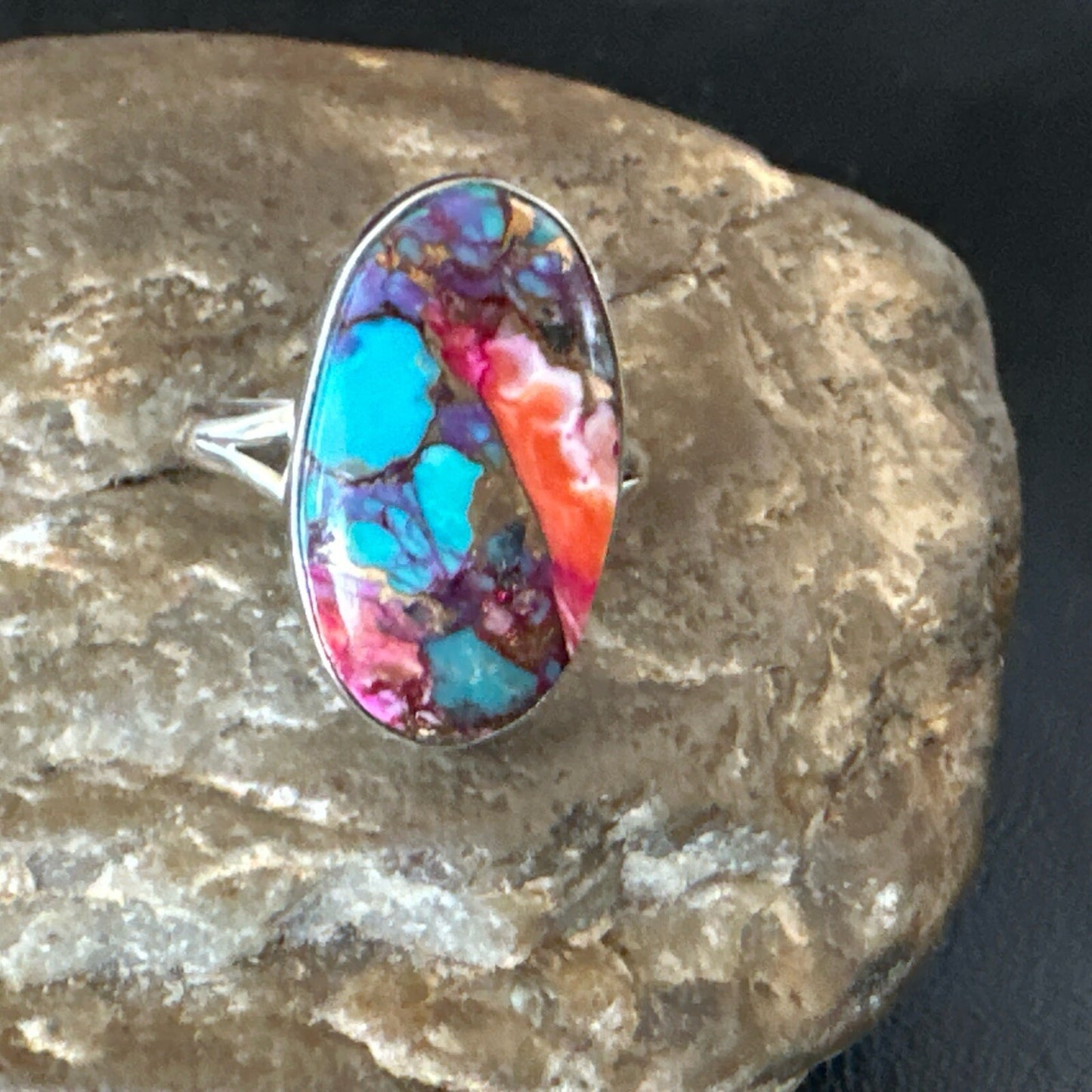 Blue Turquoise Spiny Oyster Southwestern Sterling Silver Ring Size 11 18455