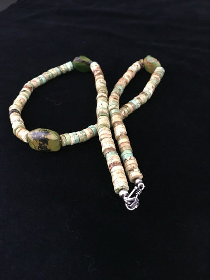 Mens Chunky Green Turquoise Navajo Sterling Silver Heishi Necklace 1797