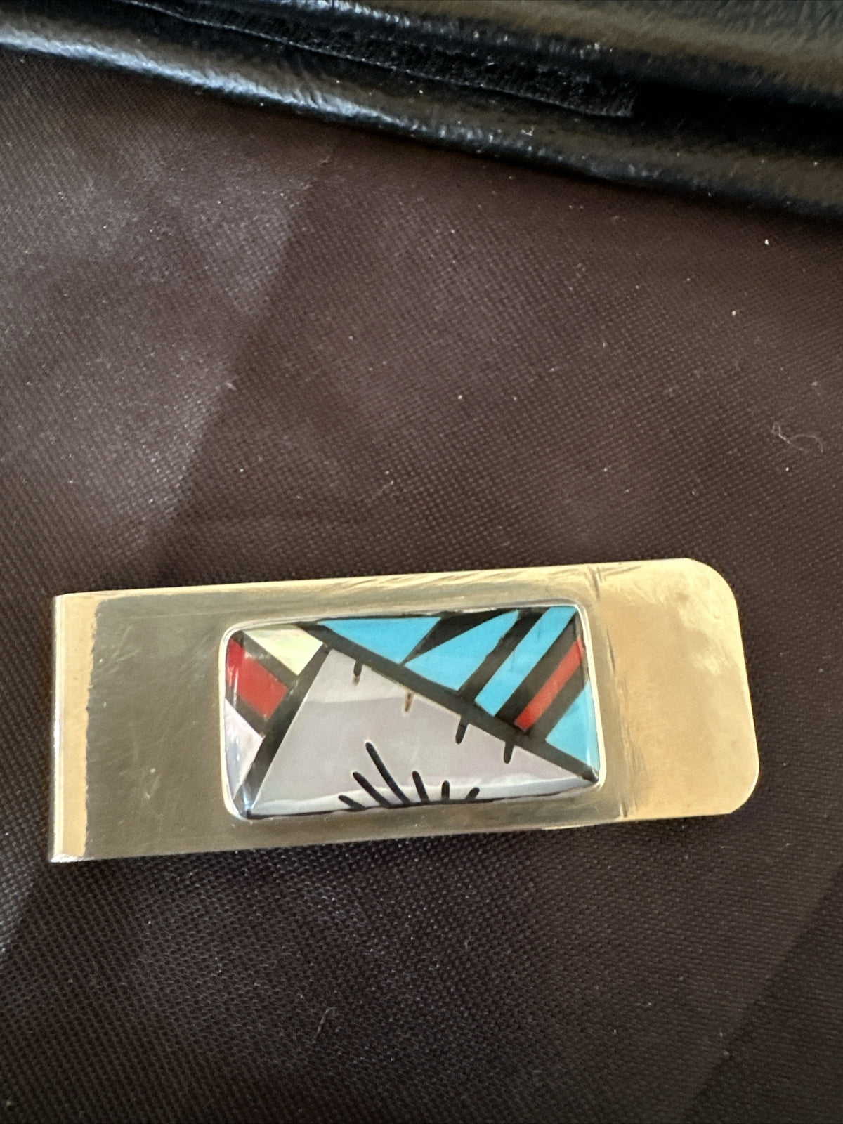 A Zuni Mens Turquoise Spiny Inlay Stainless Sterling Silver Money Clip 17833