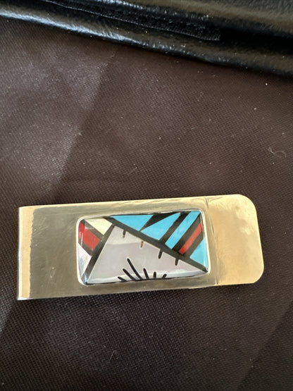A Zuni Mens Turquoise Spiny Inlay Stainless Sterling Silver Money Clip 17833