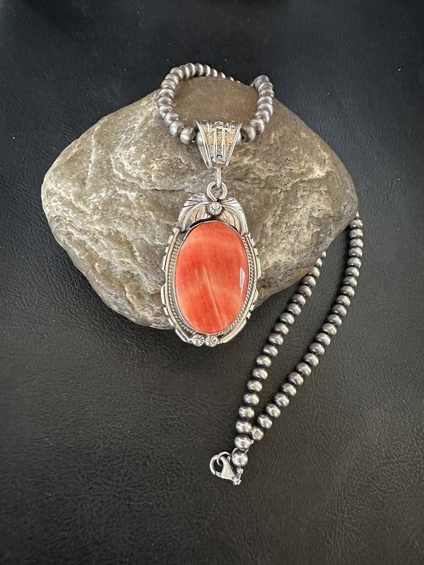 Women's Red Spiny Oyster Pendant Navajo Necklace | Sterling Silver | Authentic Native American Handmade | 18365