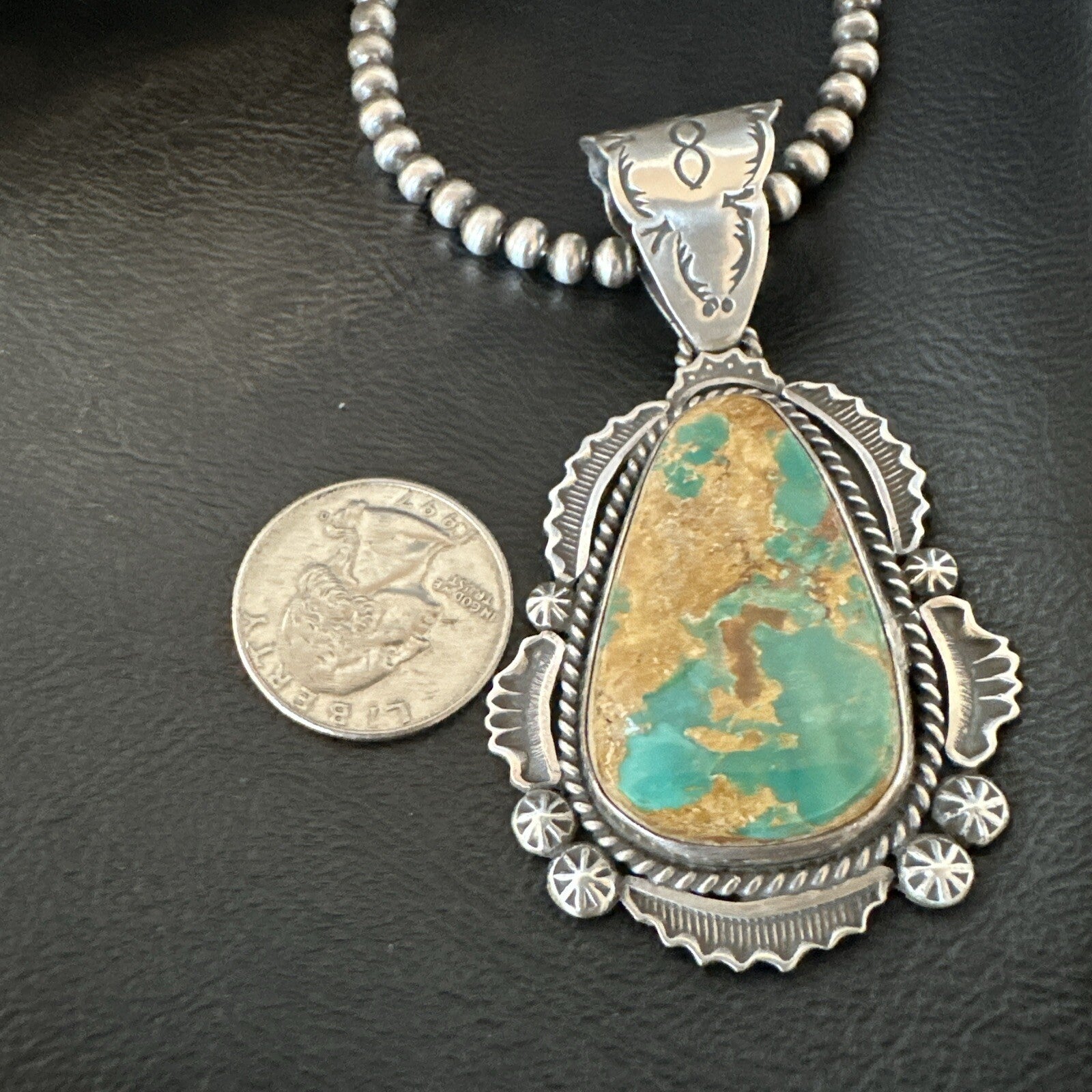 XL Green Royston Turquoise Pendant Navajo Sterling Silver Necklace 18224