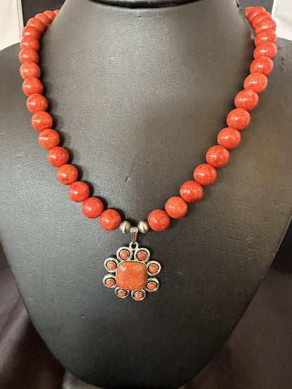 Navajo Apple Sponge Coral Sterling Silver Necklace Pendant 18327