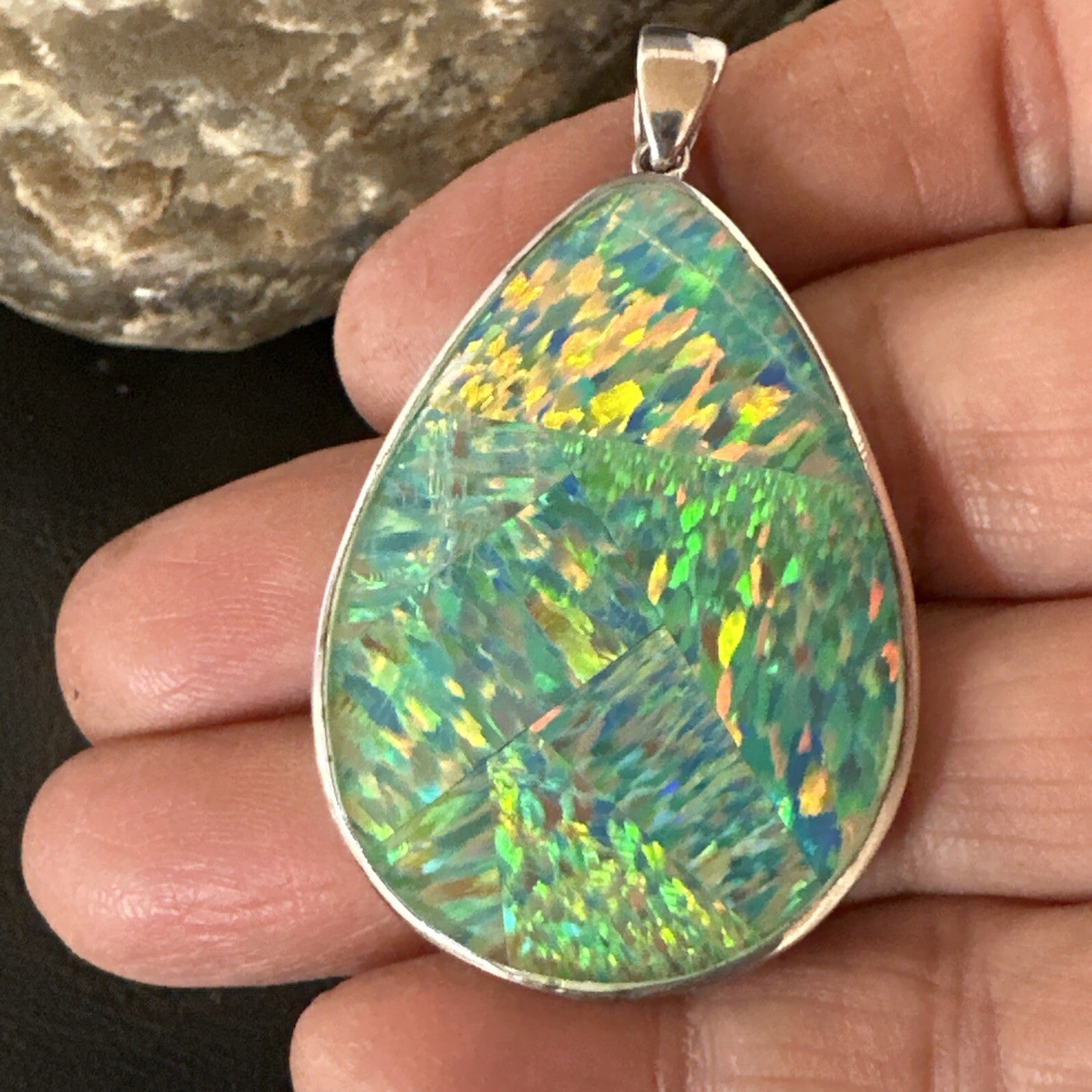 Mens Womens Multicolor Gilson Opal Navajo Sterling Silver Inlay Pendant 18610