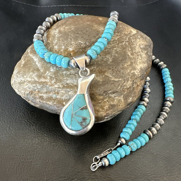 Pottery Blue Kingman Turquoise Pendant Navajo Necklace 21" | Sterling Silver | Authentic Native American Handmade | 18379