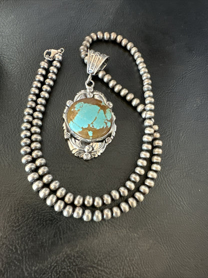 Mens Blue Turquoise#8 Pendant Navajo Sterling Silver Necklace 18071