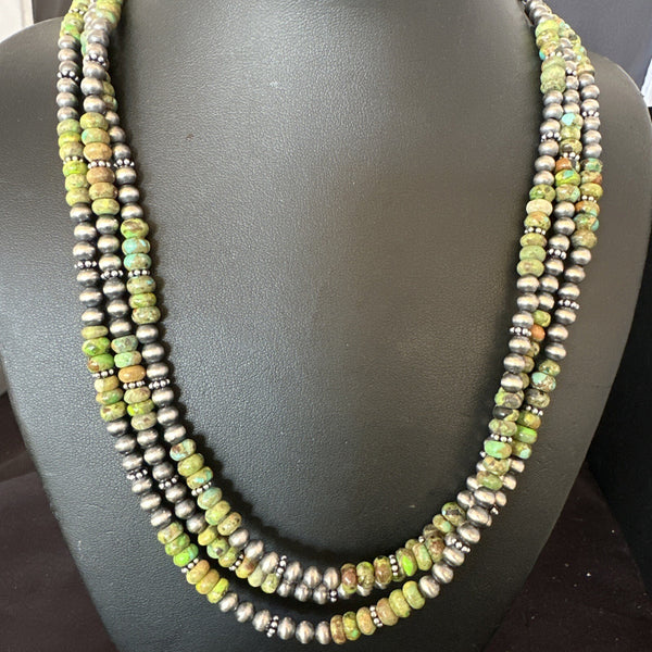 Navajo Pearls Green Gaspeite Turquoise Necklace 3S | Sterling Silver | Authentic Native American Handmade | 03091