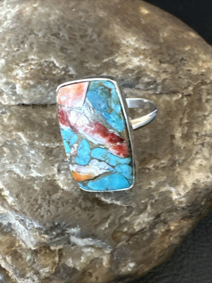 Blue Turquoise Spiny Oyster Southwestern Sterling Silver Ring Size 8 18434