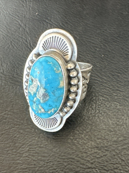 WoMens Blue Kingman Turquoise Navajo Sterling Silver Adjustable Ring Sz 8 19418