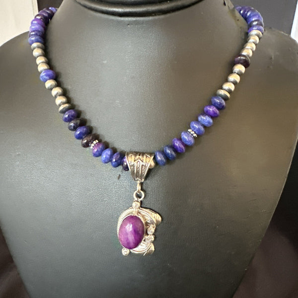 Purple Stone Pendant Navajo Pearls Necklace 21" | Sterling Silver | Authentic Native American Handmade | 18032