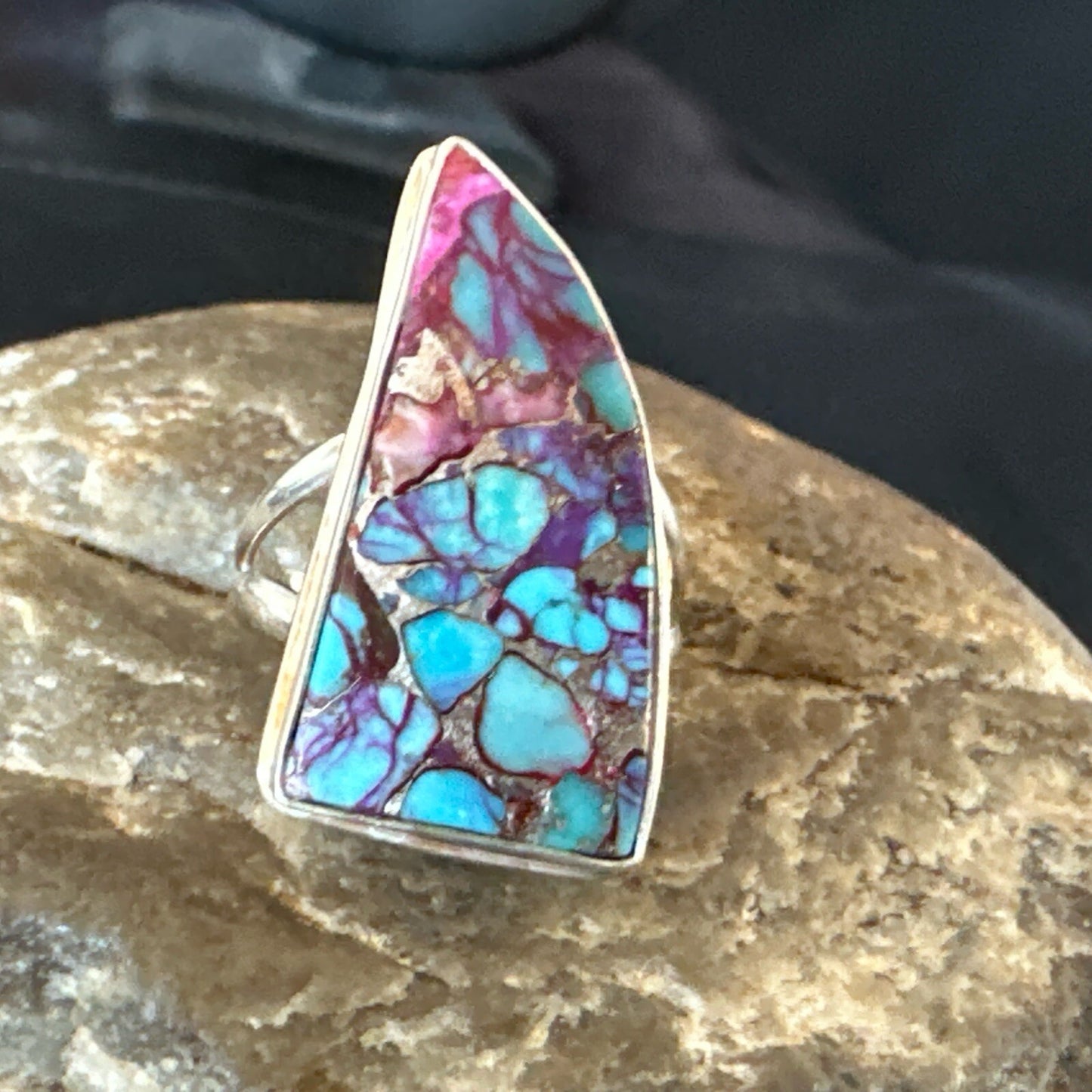 Blue Turquoise Spiny Oyster Navajo Sterling Silver Ring Size 7 18231