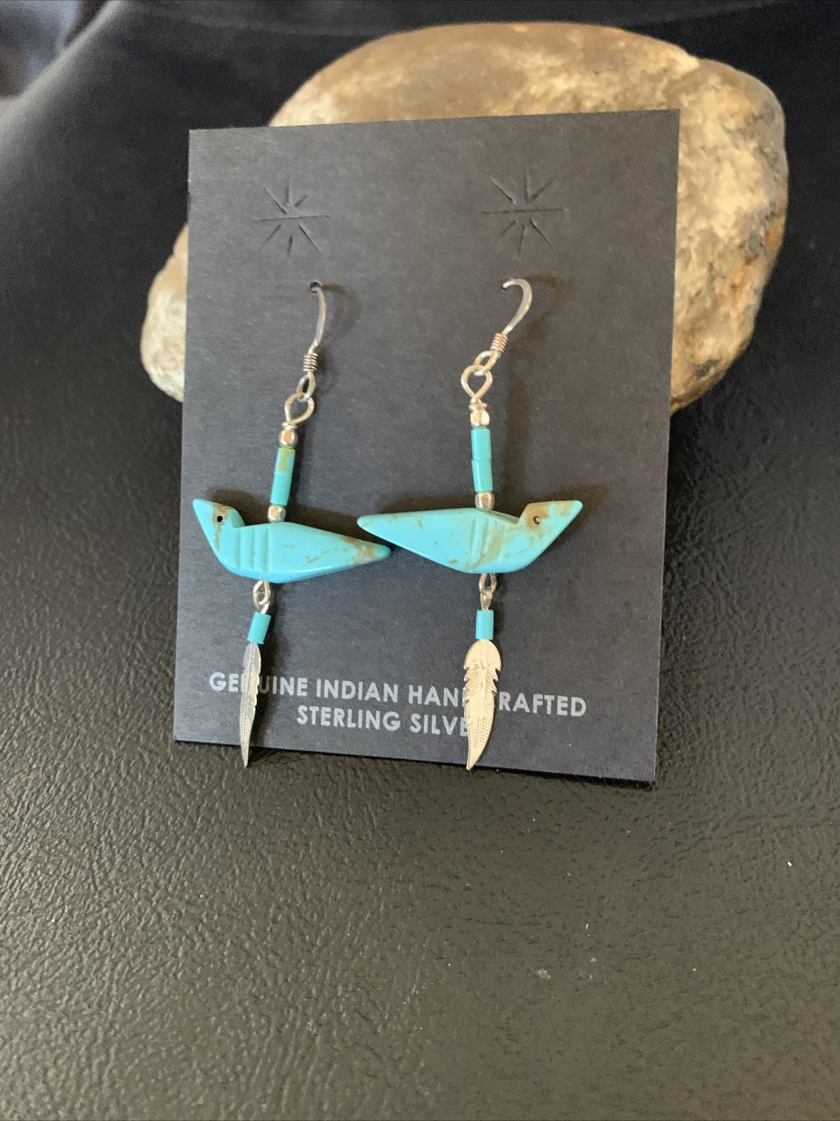 Native American Navajo Blue Turquoise Fetish Sterling Silver Earrings 1.5" 13055