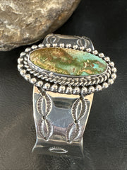 Navajo Green Royston TURQUOISE Stamped Cuff Bracelet | Sterling Silver | Authentic Native American Handmade | 18642