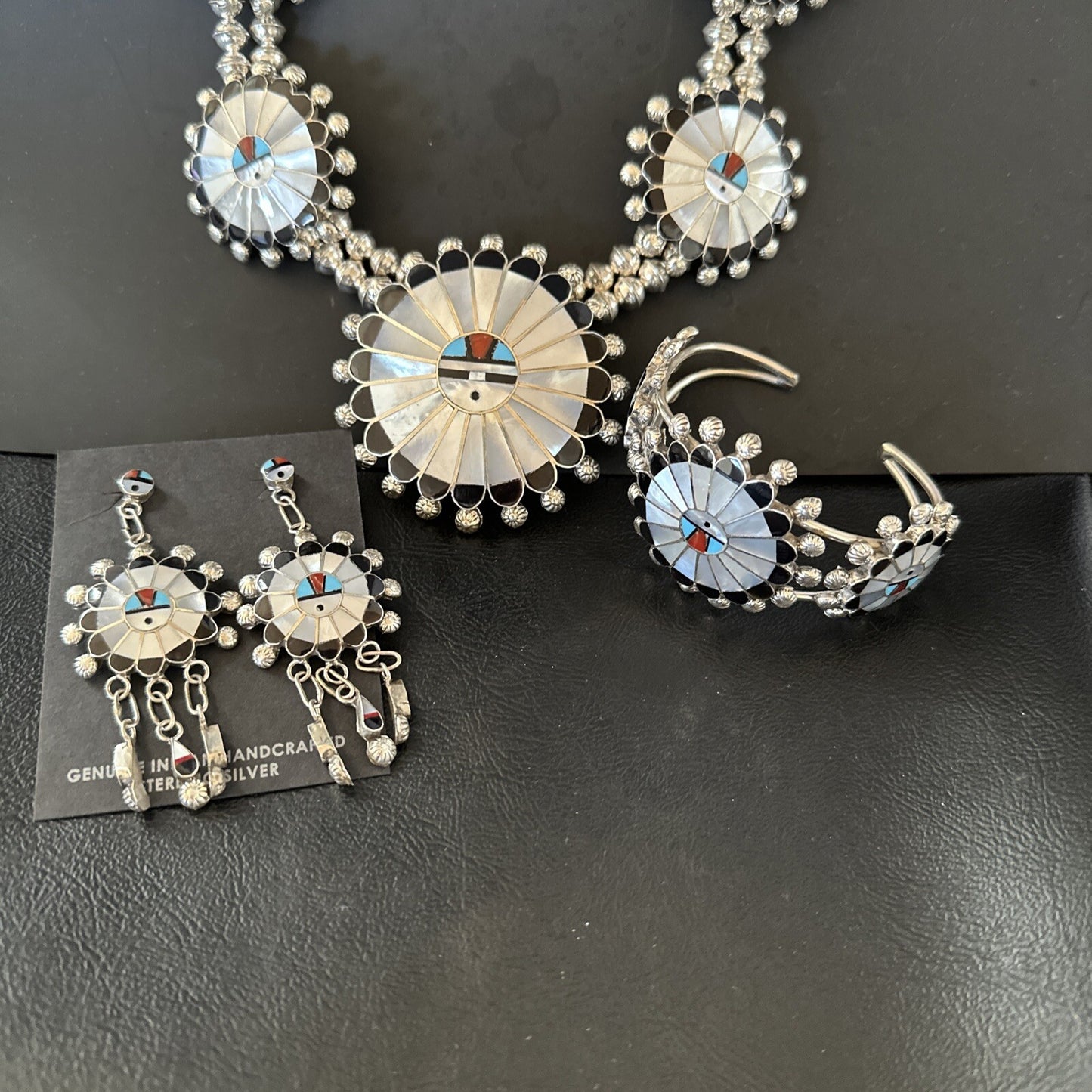 Sunface Onyx Turquoise MOP Zuni Sterling Silver Squash Necklace Bracelet 18148