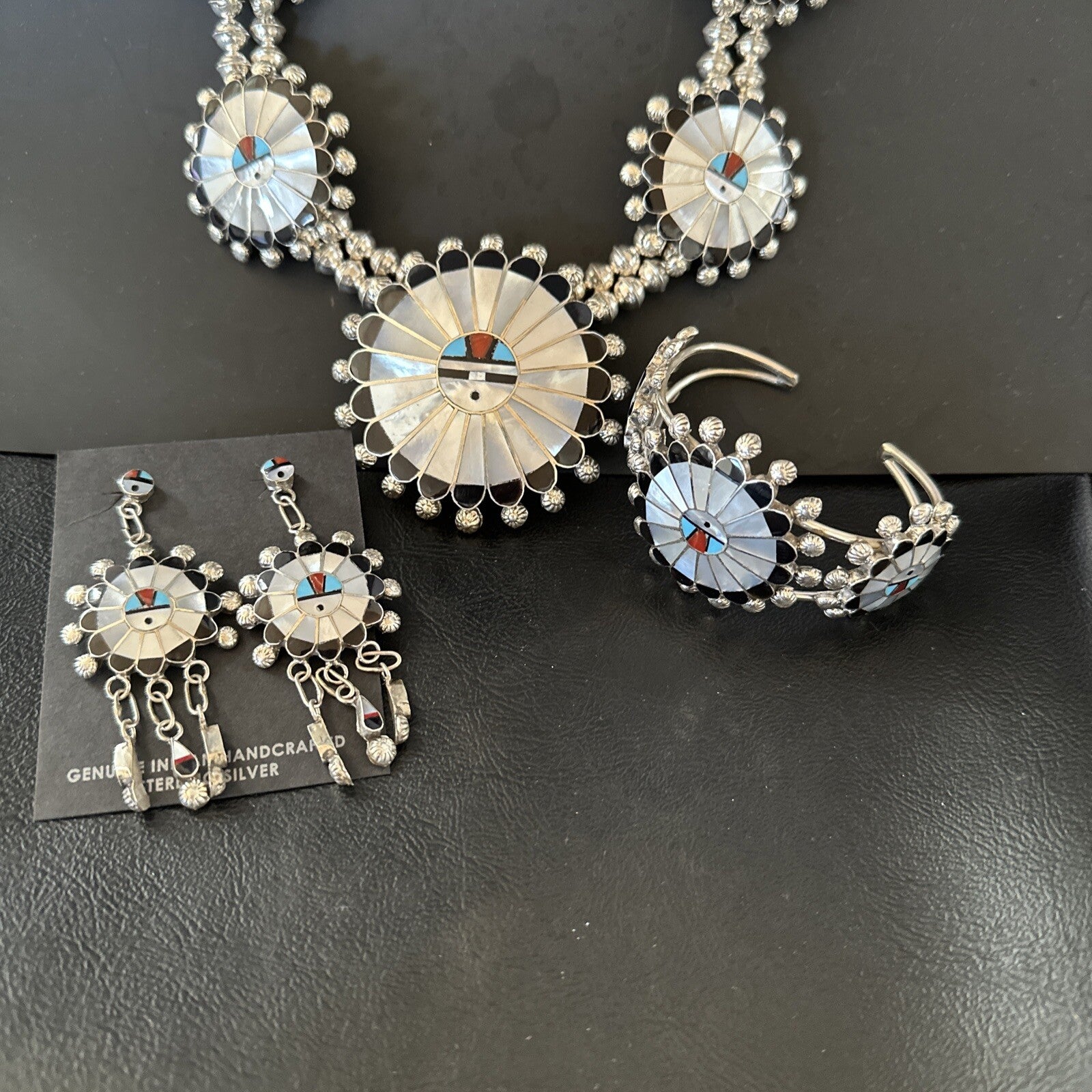 Sunface Onyx Turquoise MOP Zuni Sterling Silver Squash Necklace Bracelet 18148