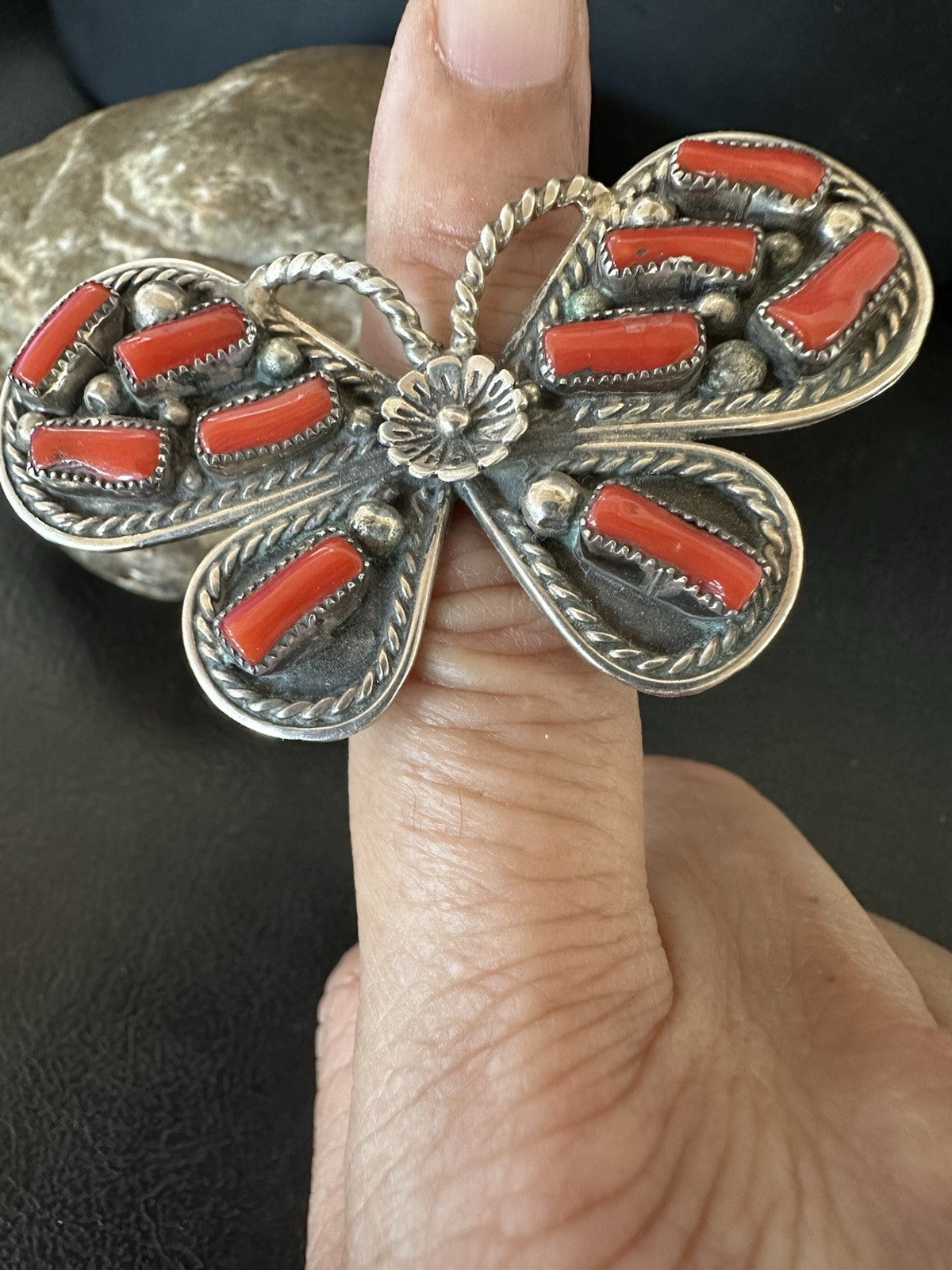 Red Coral Butterfly Sterling Silver Cluster Navajo Ring Size 8 00987