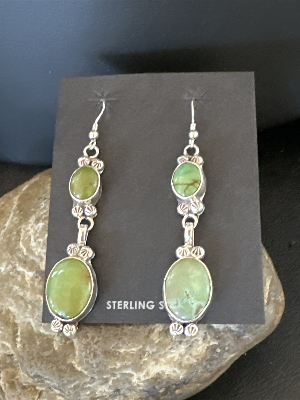 Native Navajo Green Turquoise Sterling Silver Dangle Earrings 2” 17698