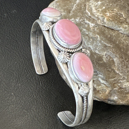 Navajo Pink Conch 3 Stone Sterling Silver Cuff Bracelet 18852