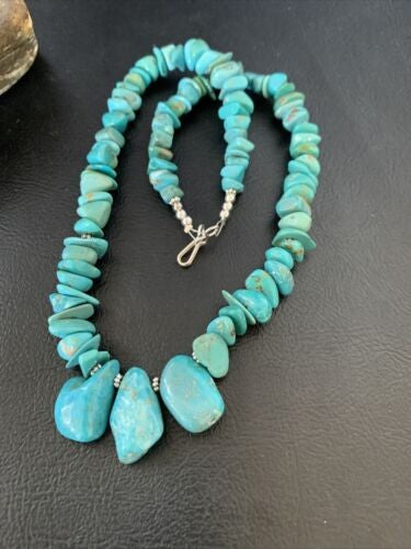 Navajo Blue Green Turquoise Necklace Sterling Silver 16" Handmade 12914