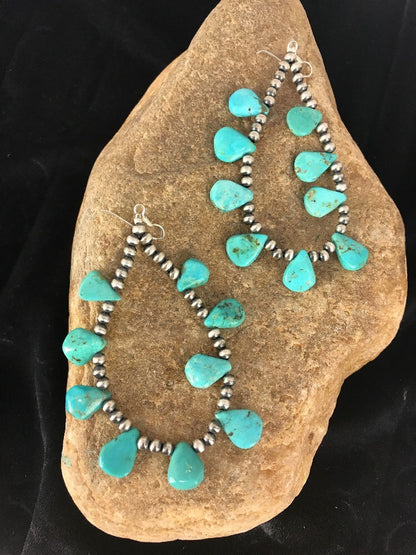 Blue Cluster Turquoise Sterling Silver Earrings 3.5”