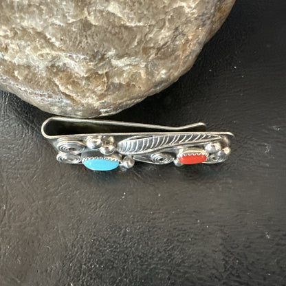 Mens Women Blue Turquoise Coral Navajo Stainless Stamped Silver Money Clip 19735
