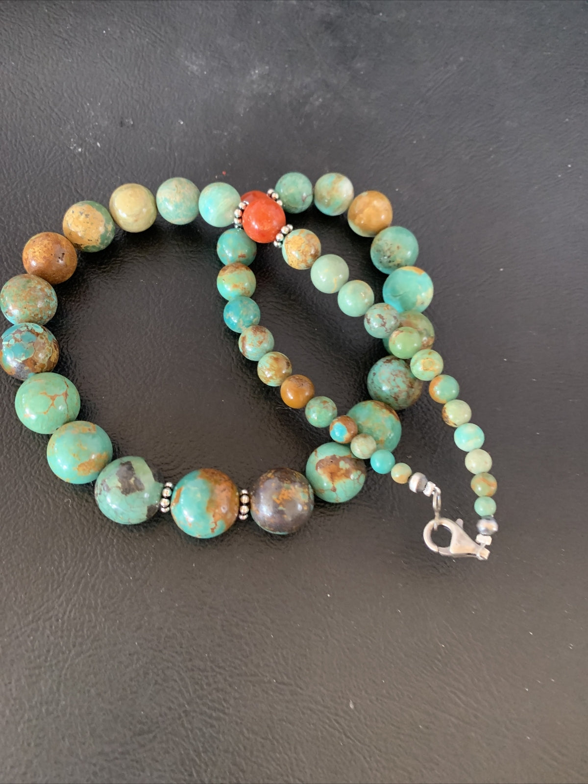 Green Turquoise Apple Coral Navajo Graduated Sterling SIlver Necklace 18" 13207N