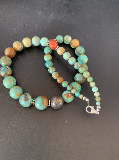 Green Turquoise Apple Coral Navajo Graduated Sterling SIlver Necklace 18" 13207N