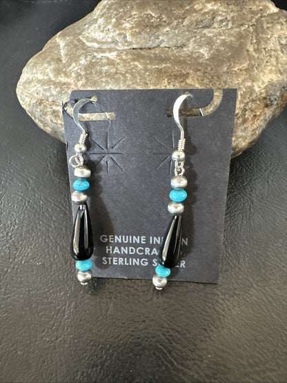 Navajo Sterling Silver Blue Turquoise Black Onyx Bead Dangle Earrings 18645
