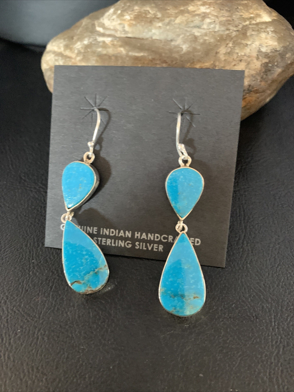 Blue Kingman Turquoise Navajo Sterling Silver Dangle Earrings 1.5" 14080