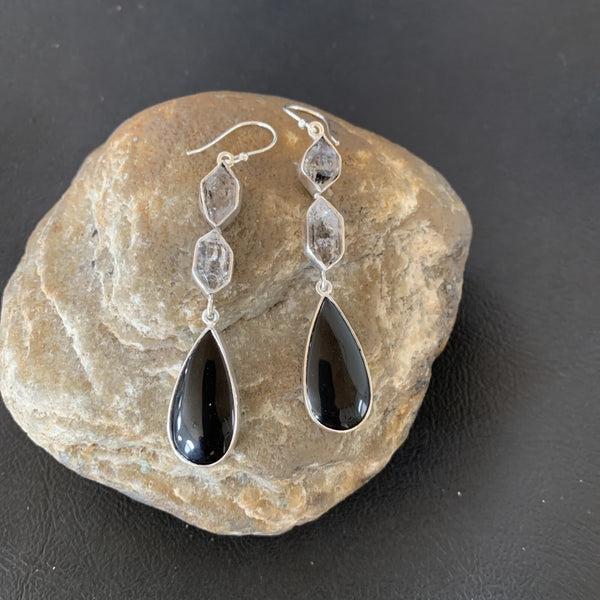 Black Onyx Quartz Navajo Dangle Earring 2" | Sterling Silver | Authentic Native American Handmade | 12086