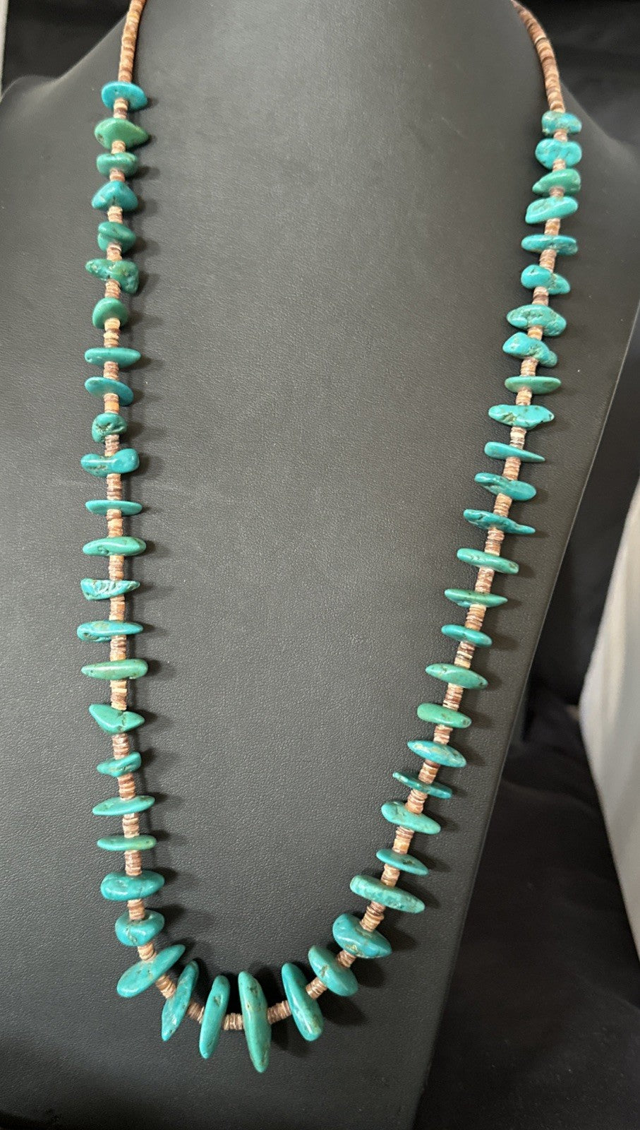 Santo Domingo Kingman Turquoise Heishi Sterling Silver Bead 32” Necklace 19554