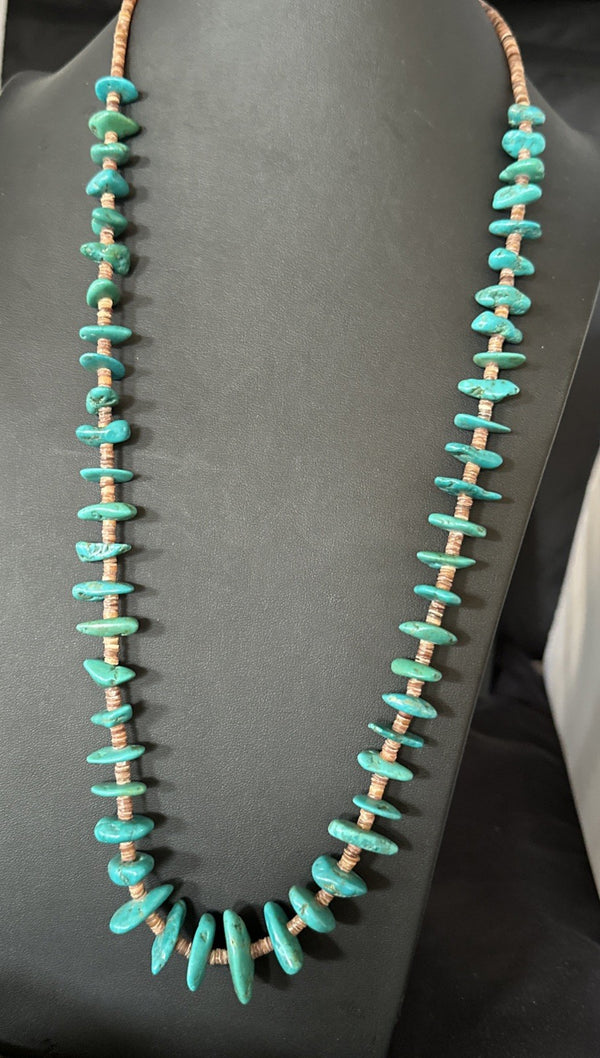 Santo Domingo Kingman Turquoise Heishi Bead 32"Necklace | Sterling Silver | Authentic Native American Handmade | 19554