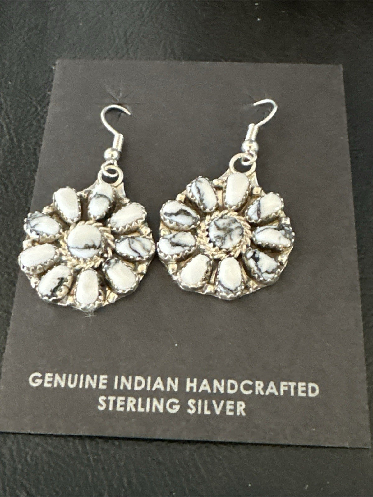 Womens Cluster White Buffalo Navajo Sterling Silver Dangle Earrings 19092