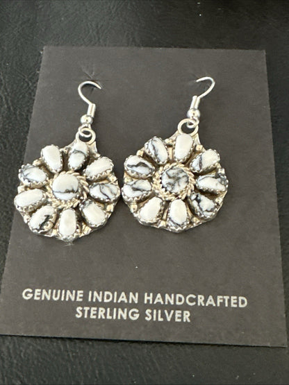 Womens Cluster White Buffalo Navajo Sterling Silver Dangle Earrings 19092
