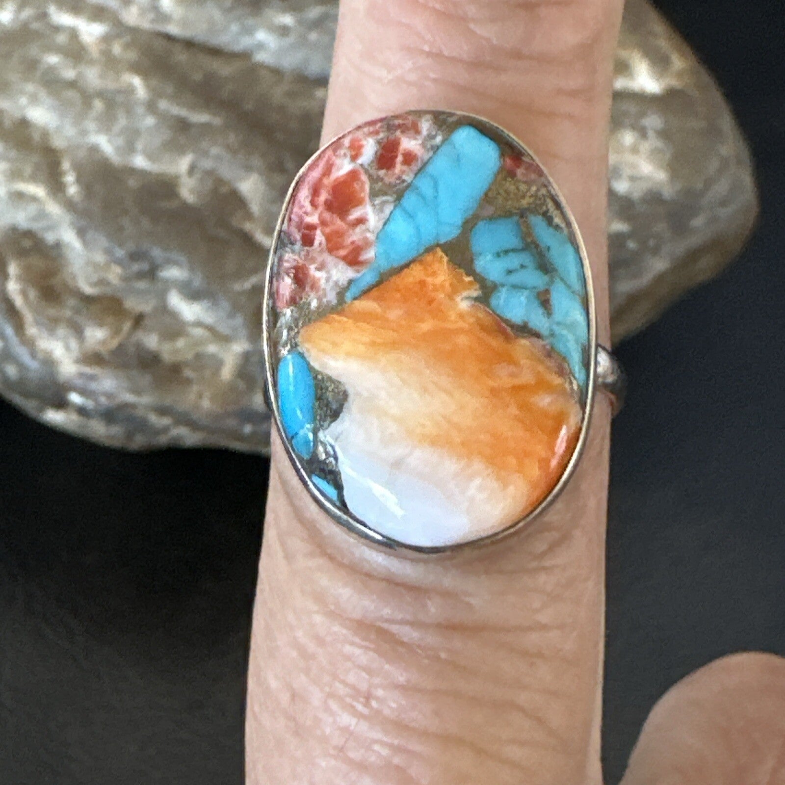 Blue Turquoise Spiny Oyster Navajo Sterling Silver Ring Size 8 18233