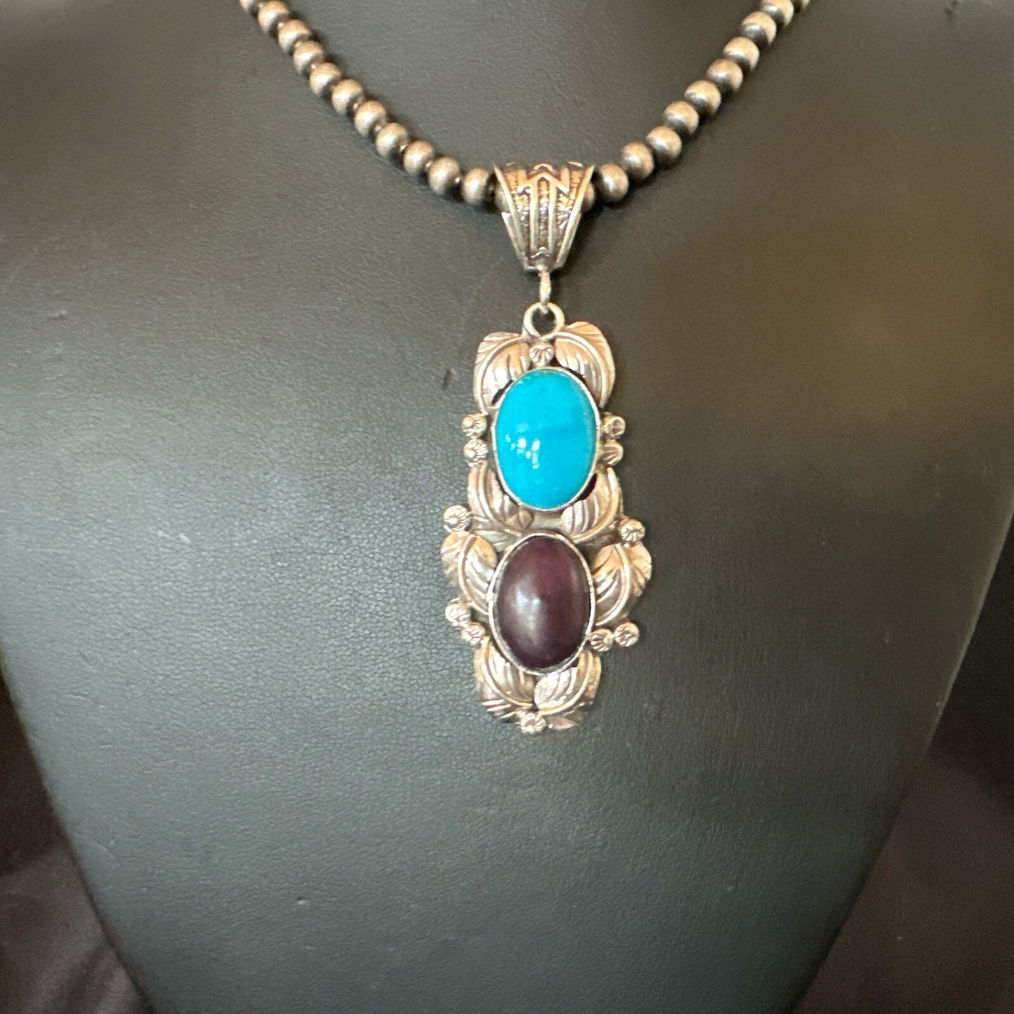 Blue Kingman Turquoise  Purple Stone Pendant Navajo Sterling Silver 18039