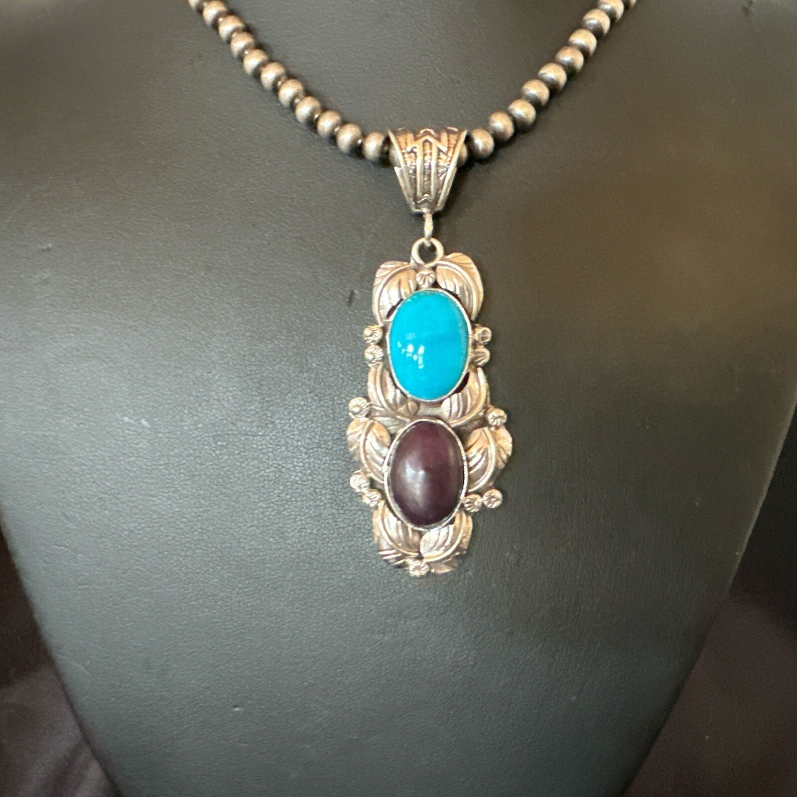 Blue Kingman Turquoise  Purple Stone Pendant Navajo Sterling Silver 18039